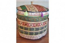 Puff Bordado Lentejuelas Combinación Detalles Fucsia-Verde-Dorado ø40 cm