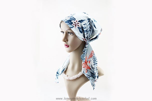 Pañuelo Oncológico Algodón Estampado Azul Celeste con Elástico