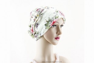 Turbante Oncológico Puntilla Estampado Flores Crudo